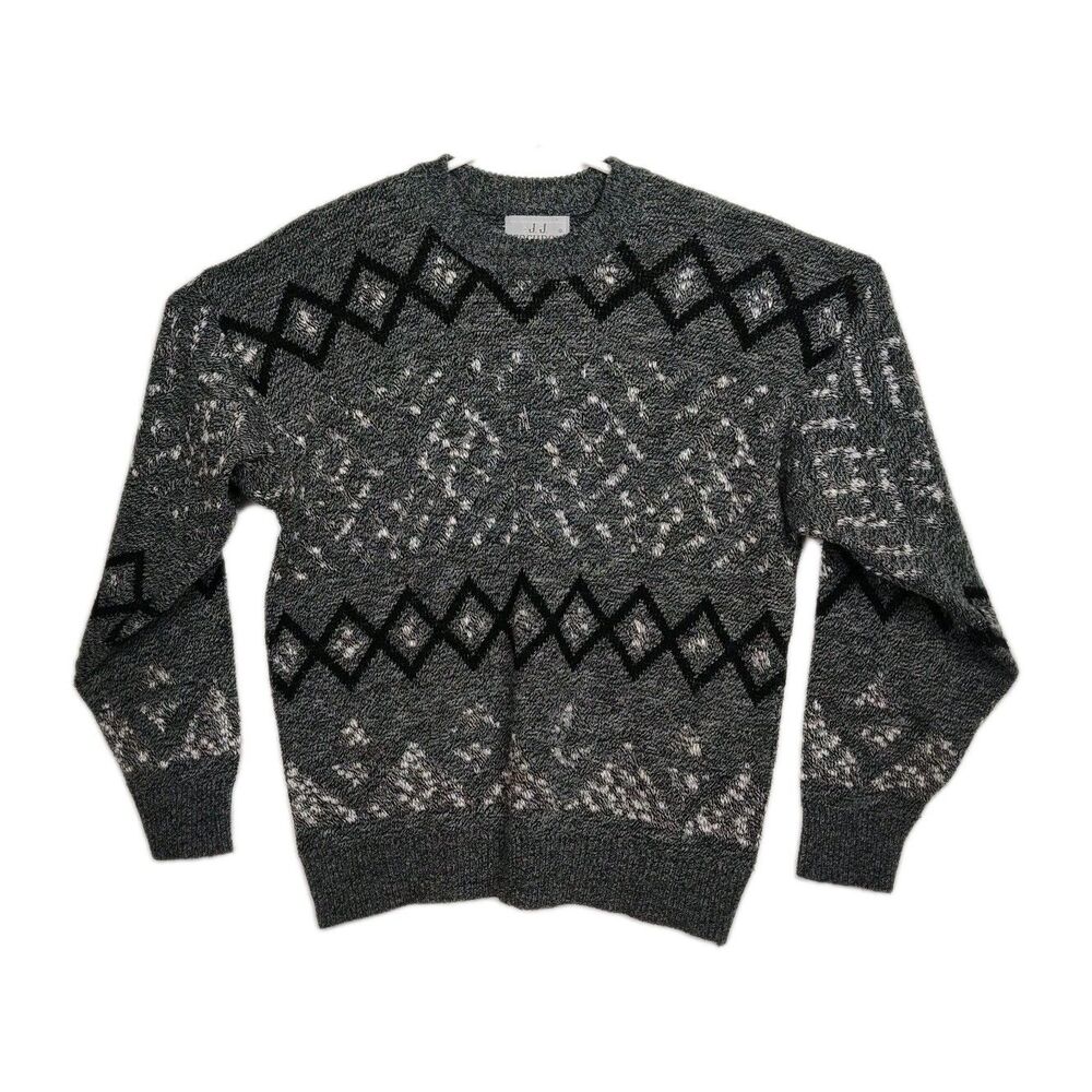 VTG J.J. Cochran Sweater Men's Size L Gray Geometric Pattern‎ Pullover Long Slvs